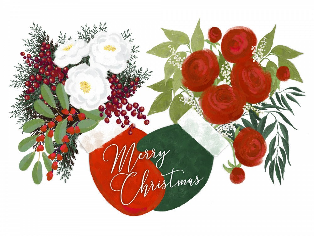 Floral mittens Merry Christmas in white