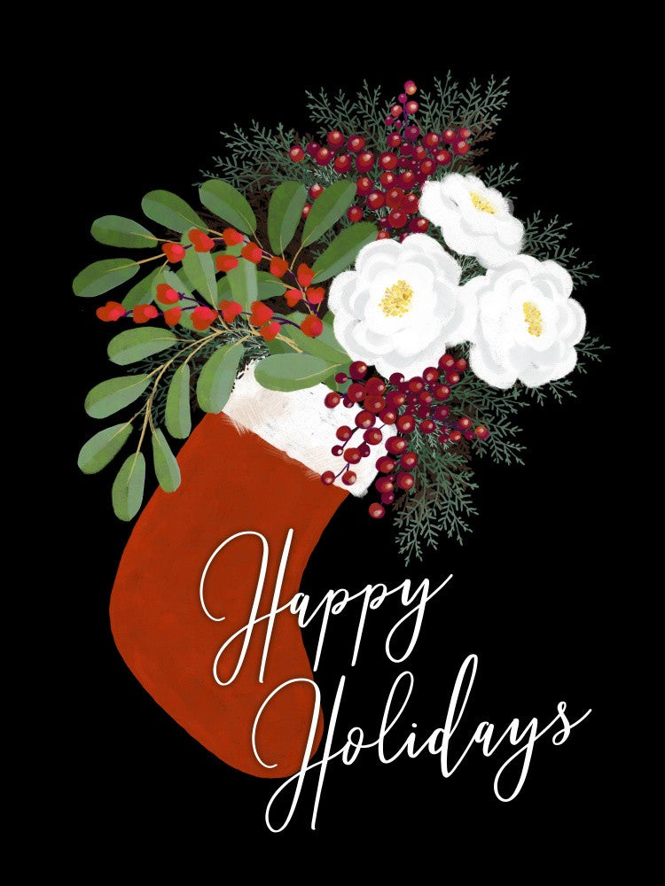 Floral Stocking Happy holidays in black