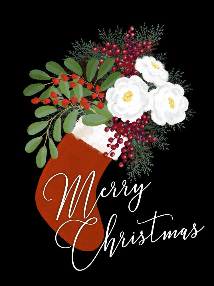 Floral Stocking Merry Christmas in black