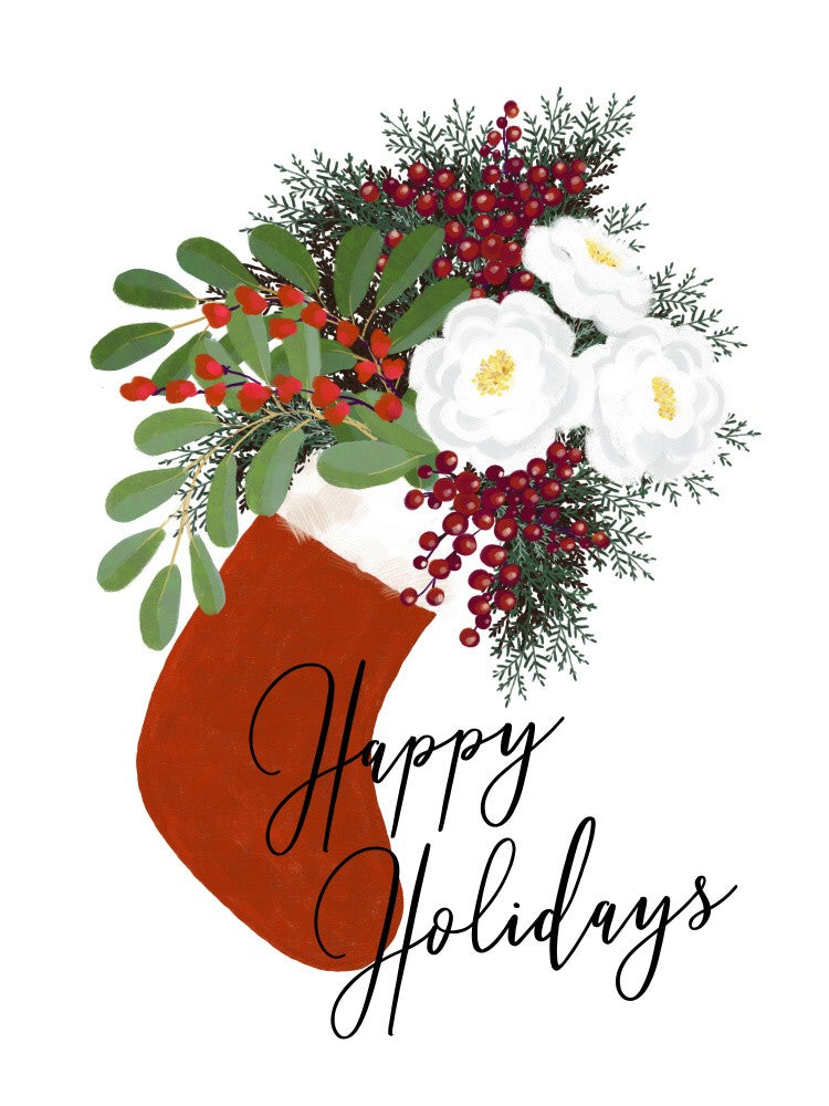 Floral Stocking Happy holidays in white