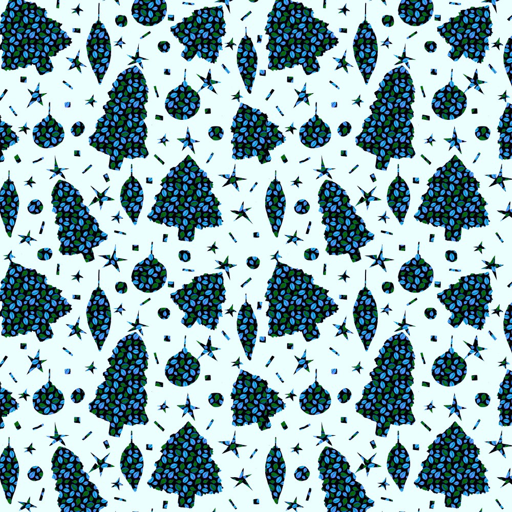 Blue Green Leaves On Blue Christmas Trees and Bulbs