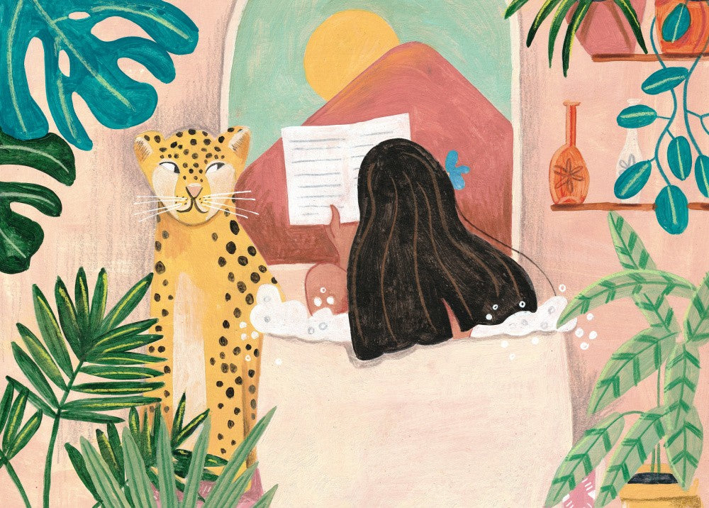 Woman taking bath in pink tropical bathroom