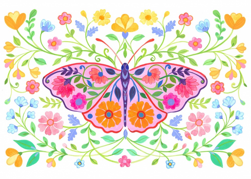 Colorful Butterfly Surrounded By Floral Motifs