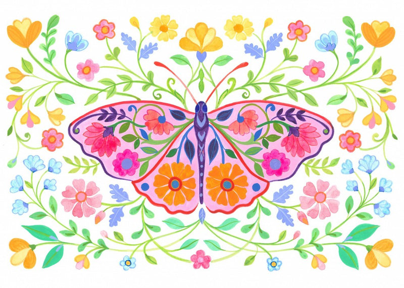 Colorful Butterfly Surrounded By Floral Motifs