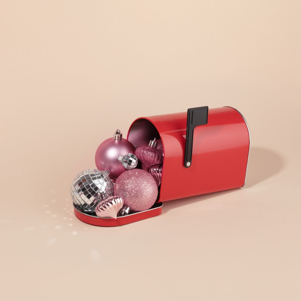 Red Mailbox with Pink Christmas Ornaments