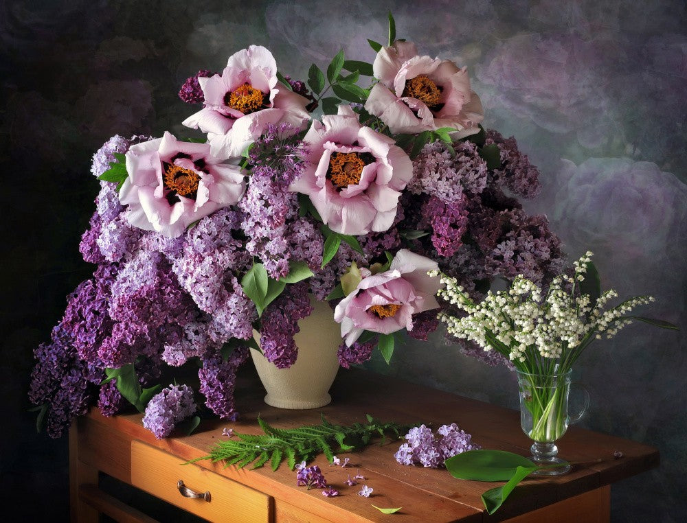 Spring still life with bouquets of spring flowers