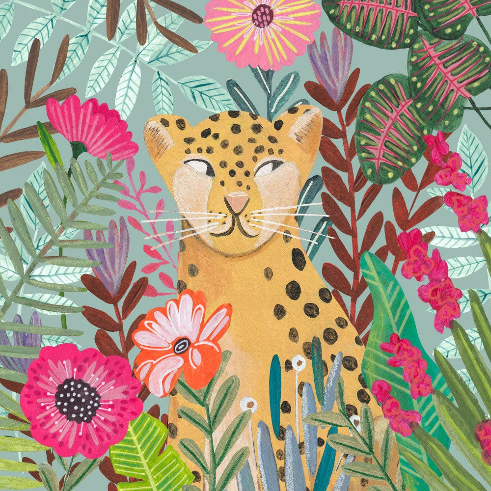 Leopard in floral jungle