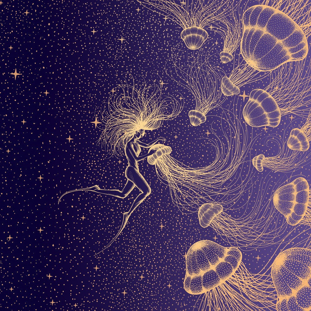 Starry Jellyfish and Diver (golden Lines &amp; Purple Space)