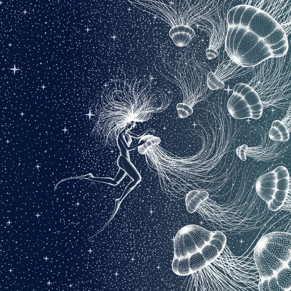 Starry Jellyfish and Diver (golden Lines &amp; Purple Space)