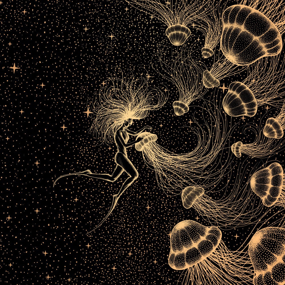 Starry Jellyfish and Diver (golden Lines &amp; Purple Space)