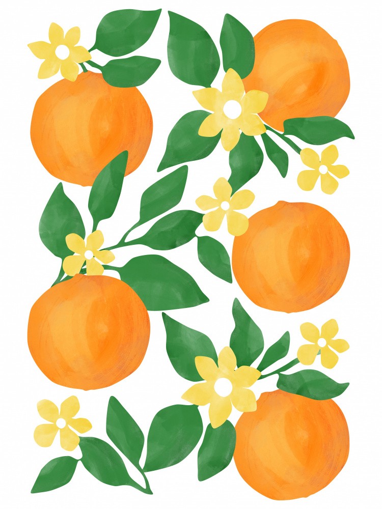 Oranges with Green Leaves and Delicate Yellow Flowers