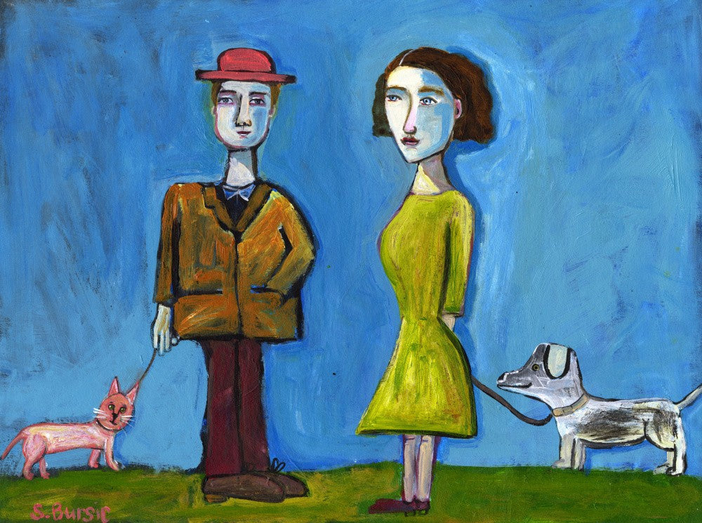 People walking cat and dog