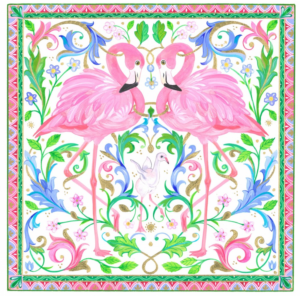 Two Pink Flamingos Amidst Intricate Floral Patterns