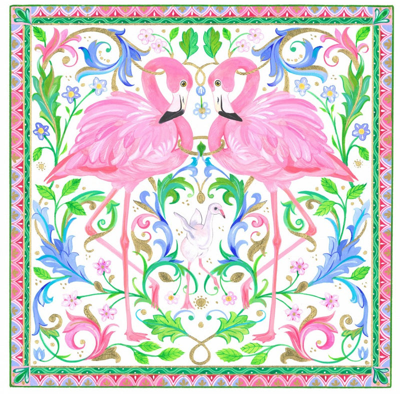 Two Pink Flamingos Amidst Intricate Floral Patterns