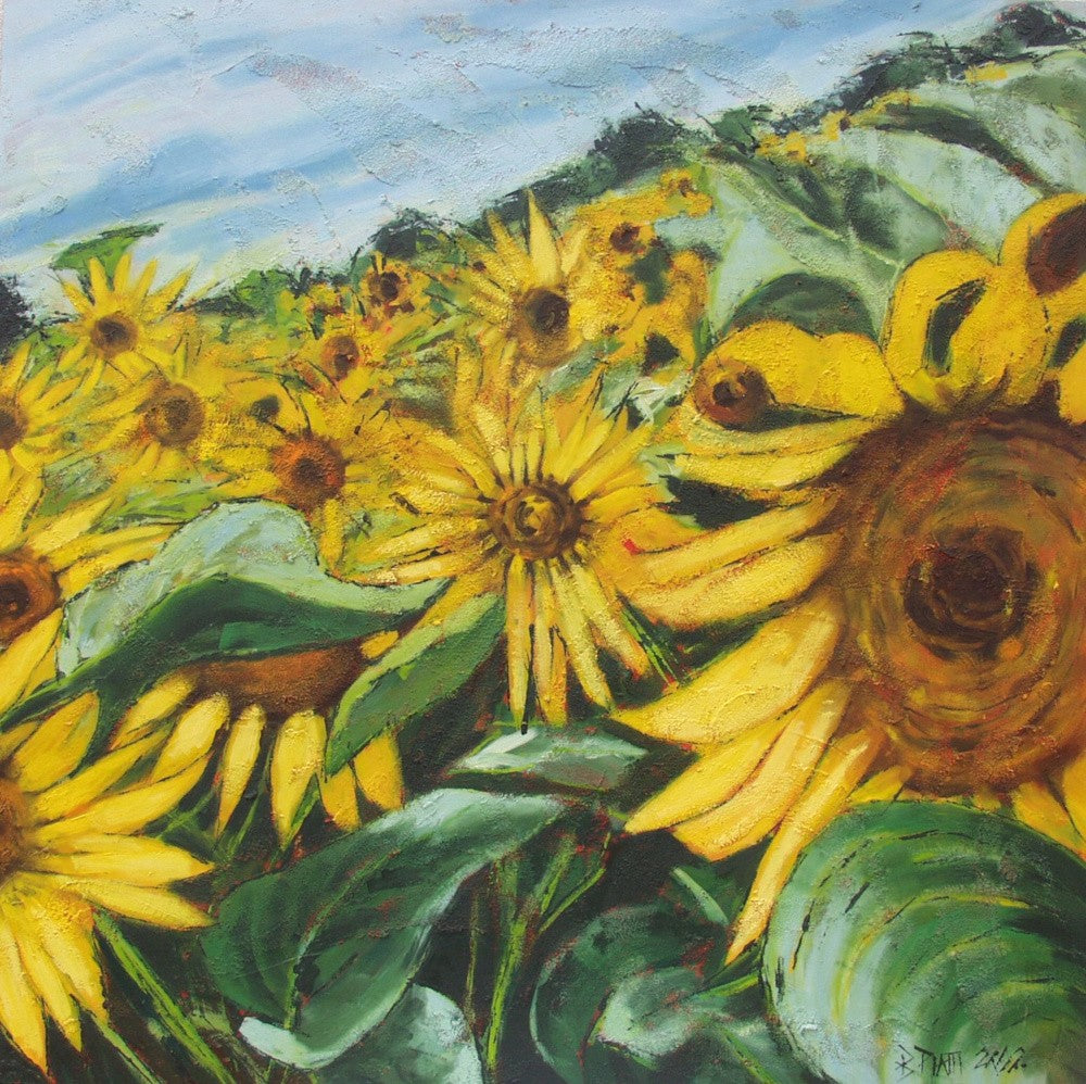 Sun Flower Army,huile Techmique Mixte Sur Bois,100x100cm Redimensionner
