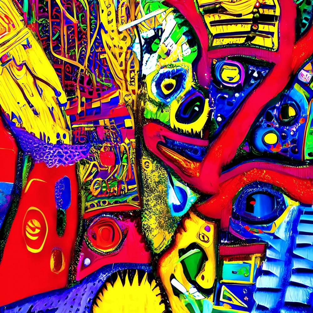 Vibrant Abstract Painting of Intertwining Lines and Shapes in Red, Yellow, and Blue