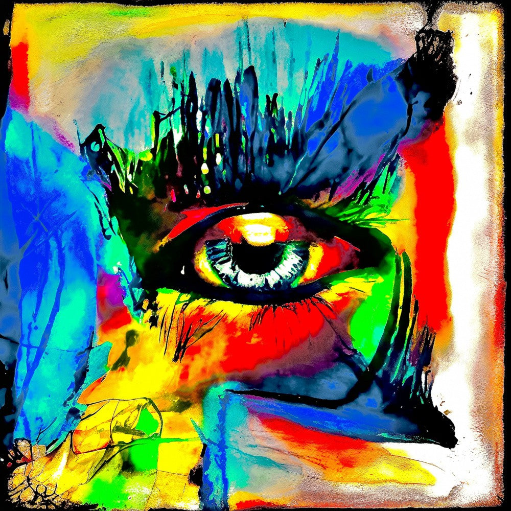 Colorful abstract painting with a prominent central eye