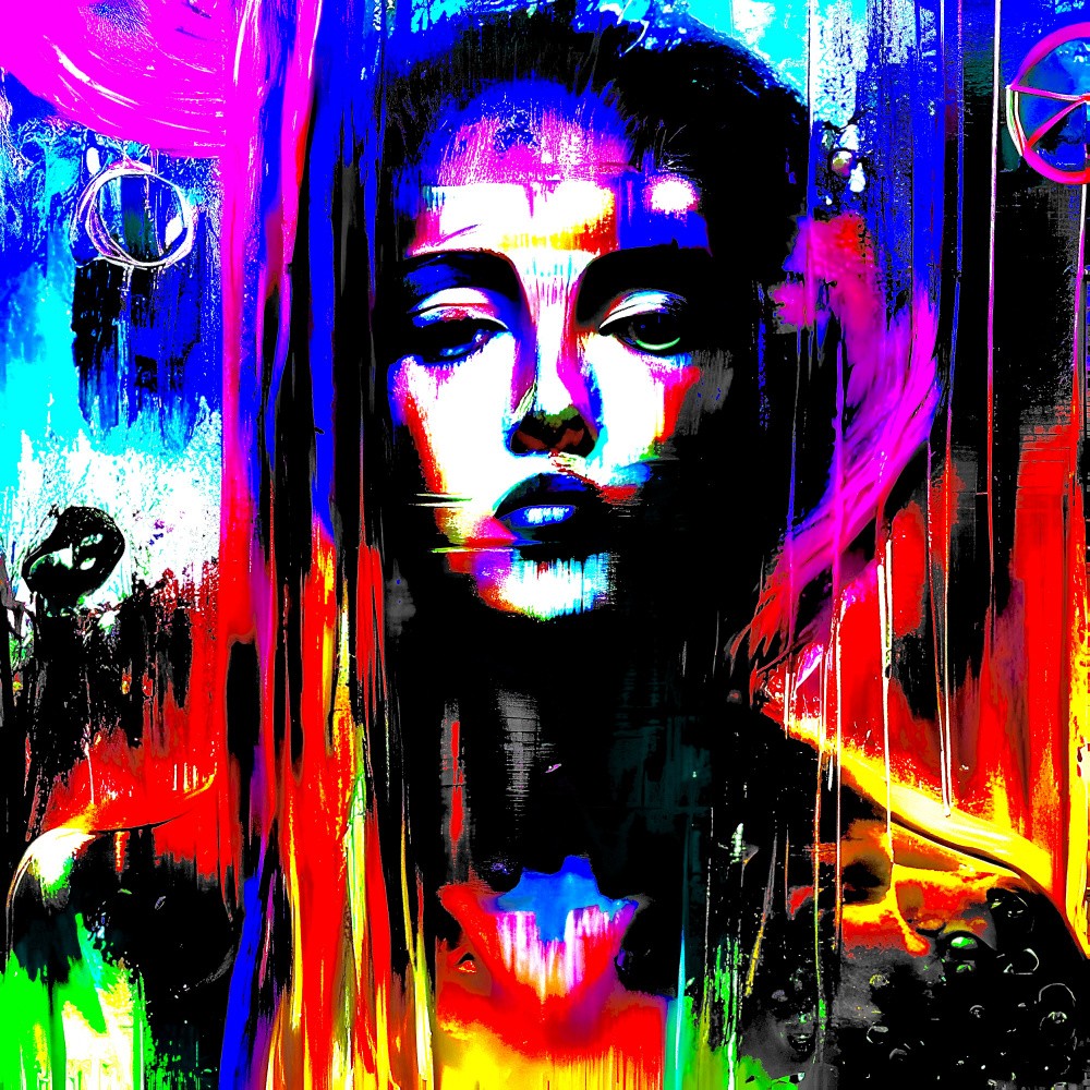 A digital dream in neon hues: woman&#039;s face emerges from abstract expression