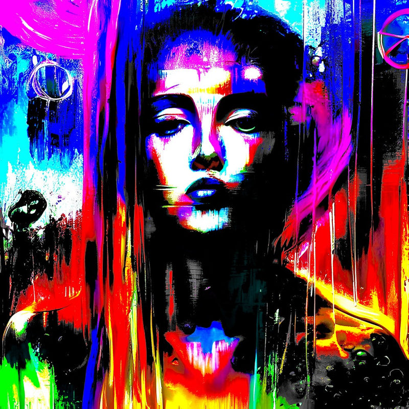 A digital dream in neon hues: woman's face emerges from abstract expression
