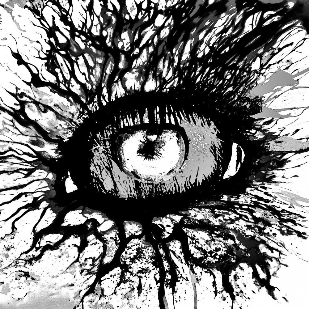A black and white ink spilled eye, dreaming in digital hues