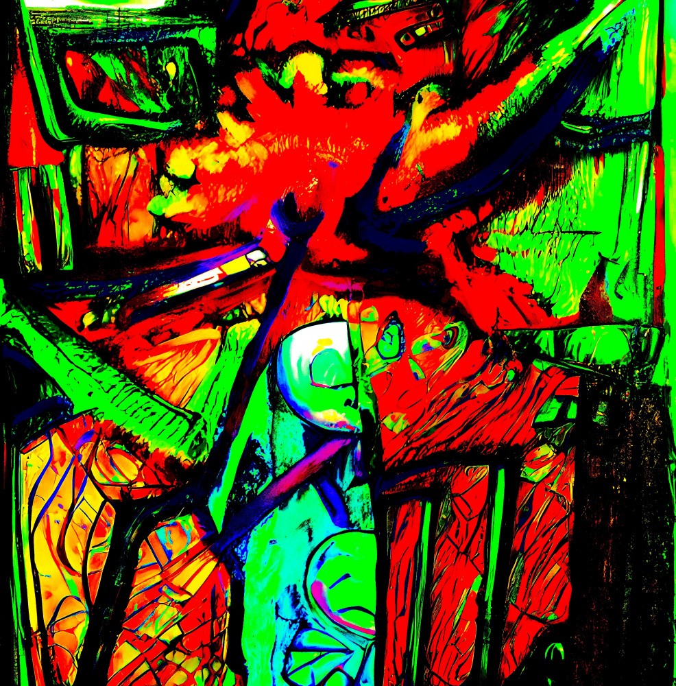 A digital dance of red, green, and black: a abstract expression of digital dreams and thinking lines
