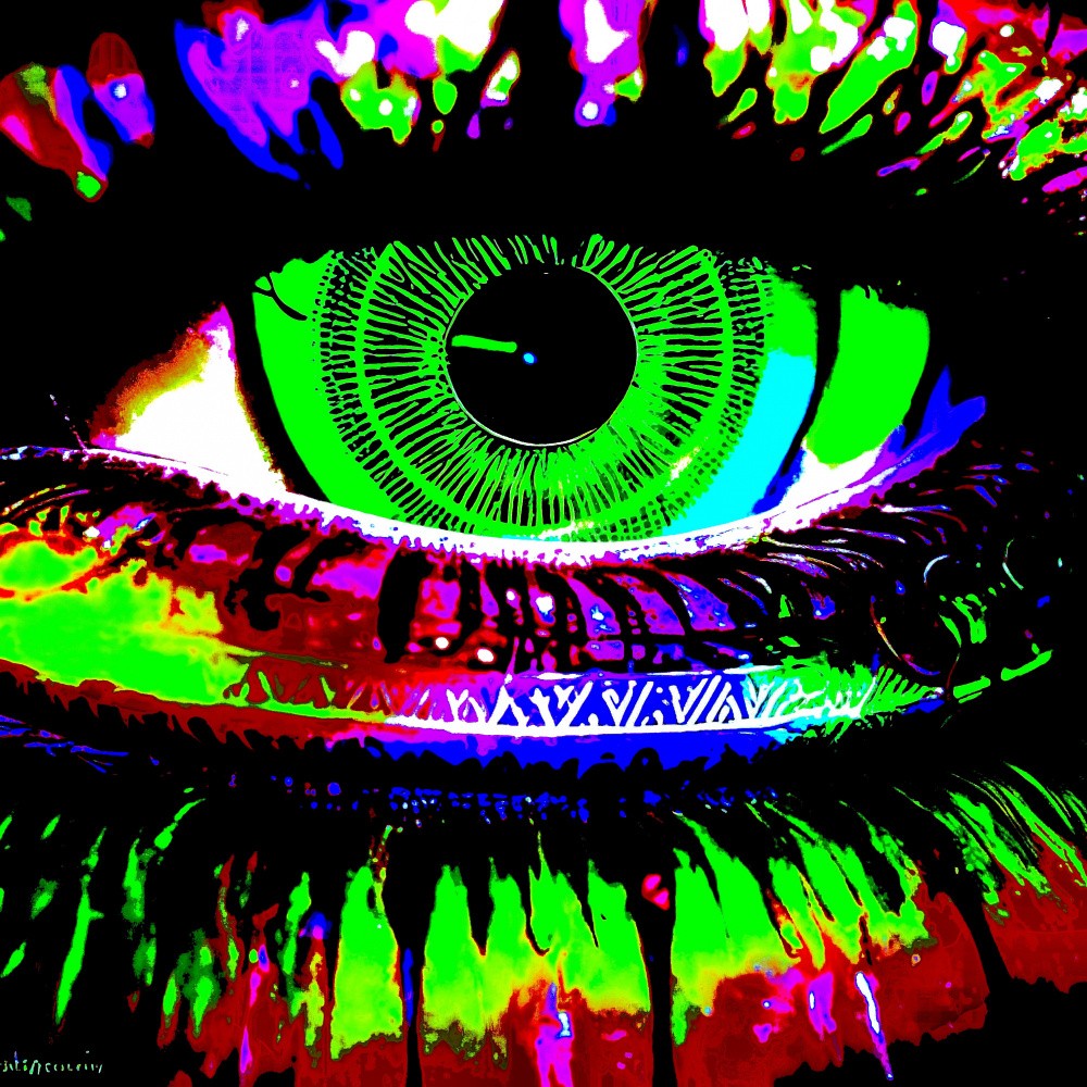 A digital dream in vivid green hues: a close-up view of a striking eye