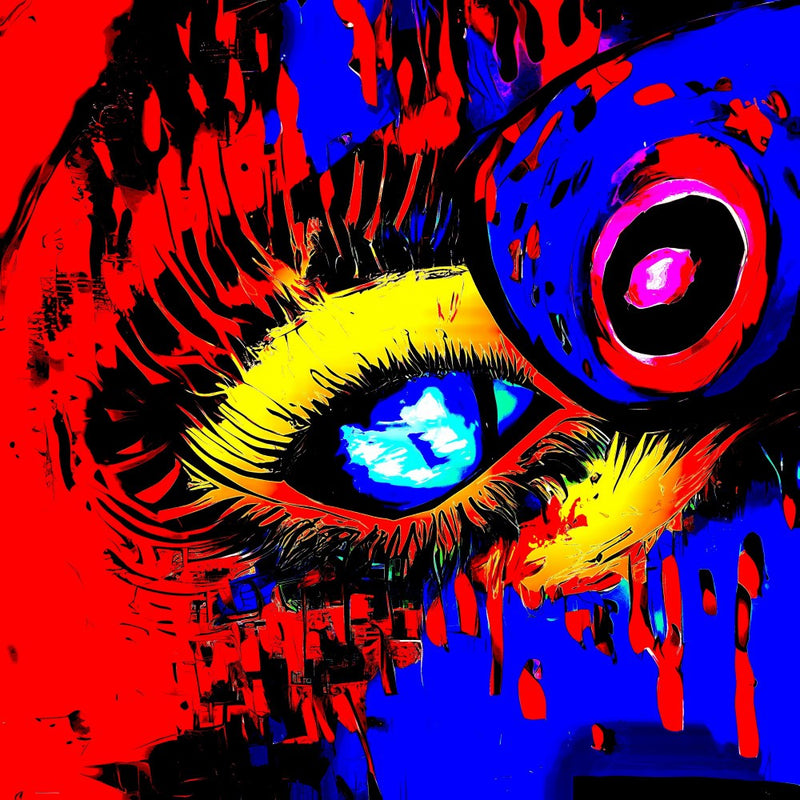 A digital eye dreams in vibrant hues of red, blue, and yellow