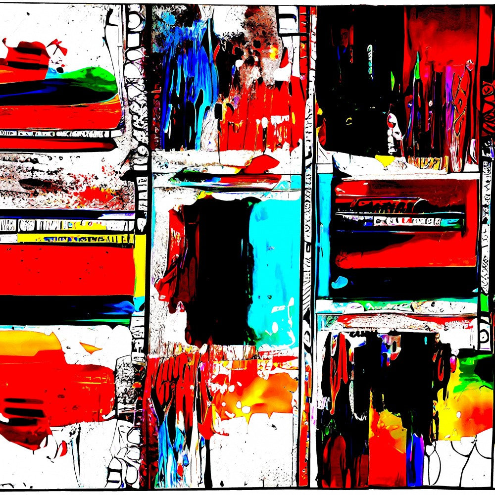 Abstract digital collage of vibrant colors and geometric shapes