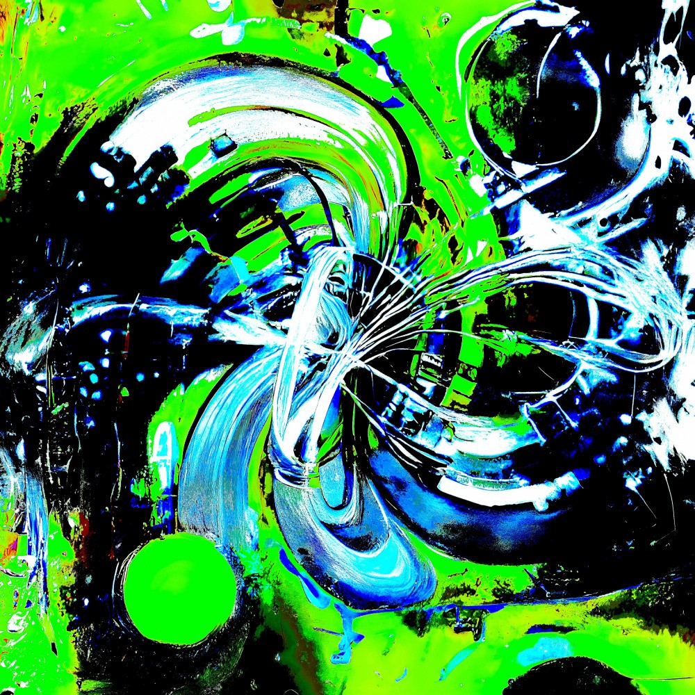 Whirlwind of abstract digital dreams in vibrant green and blue hues