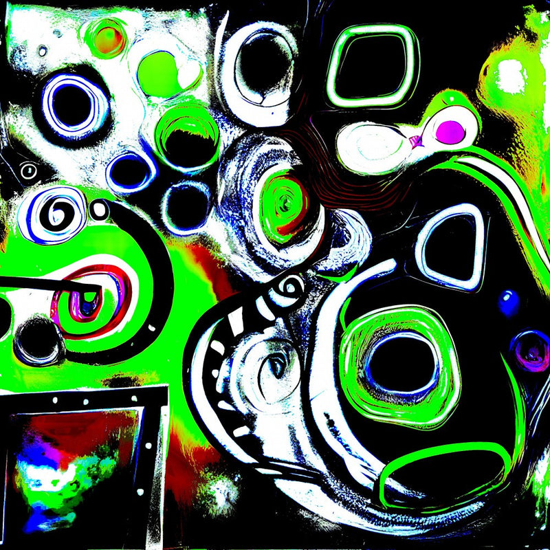 Digital dreamscape of abstract circles and swirls in vivid green and black