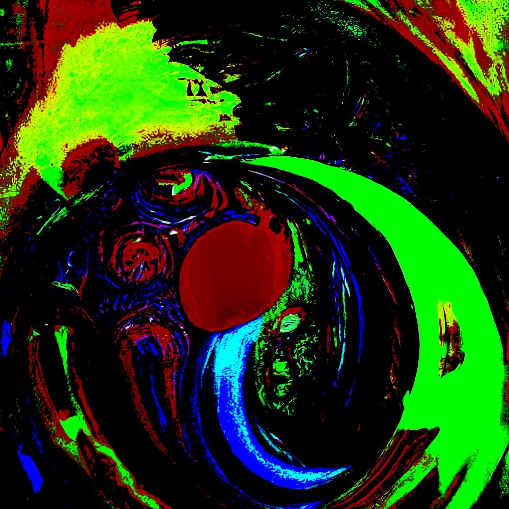 Digital abstract swirls of red, green, and blue in a dark universe