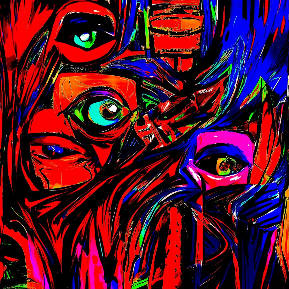 A digital dream of vivid eyes and swirling thoughts