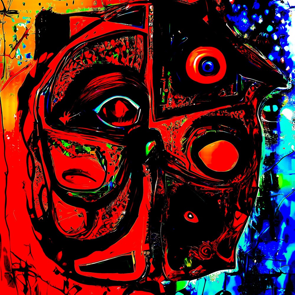 A digital dreamscape of abstract eyes and vivid colors