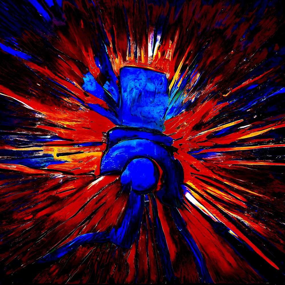 Eine blaue Silhouette, die aus einer rot-orangen abstrakten Explosion entsteht