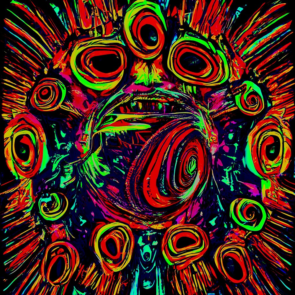 A digital abstract portrait of a multi-eyed being with a tongue in a red, green, and black color scheme