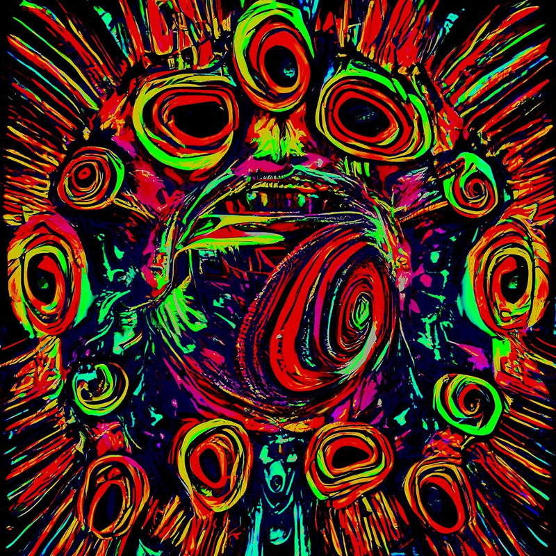 A digital abstract portrait of a multi-eyed being with a tongue in a red, green, and black color scheme