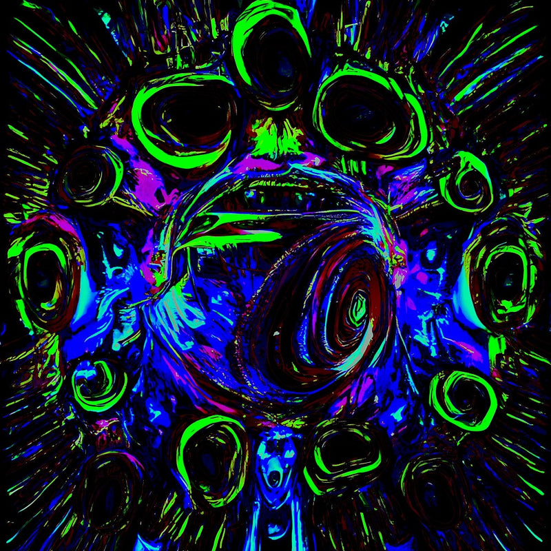 Psychedelic dreamscape of neon green and blue swirls