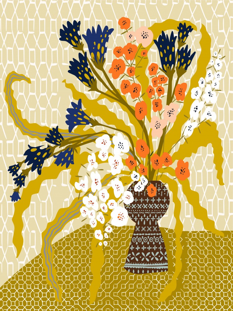Floral Contemporary Still Life Mustard Yellow
