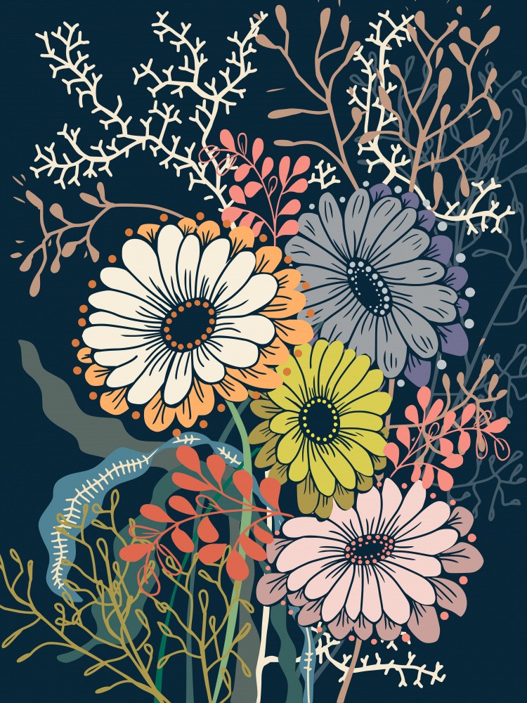 Springtime Daisies Dark Blue