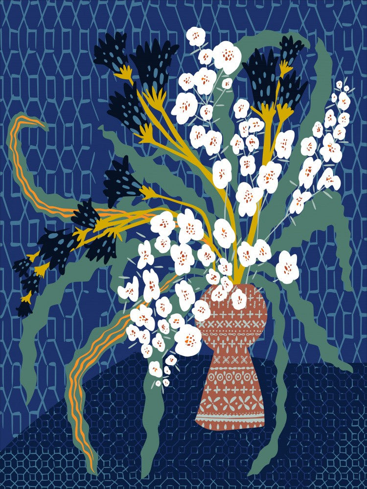 Floral Contemporary Still Life Dark Blue