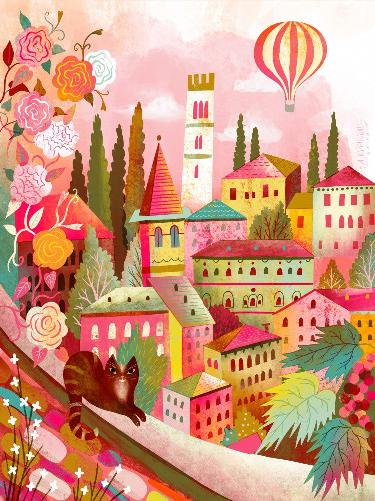 Italian Village With Cat On Wall