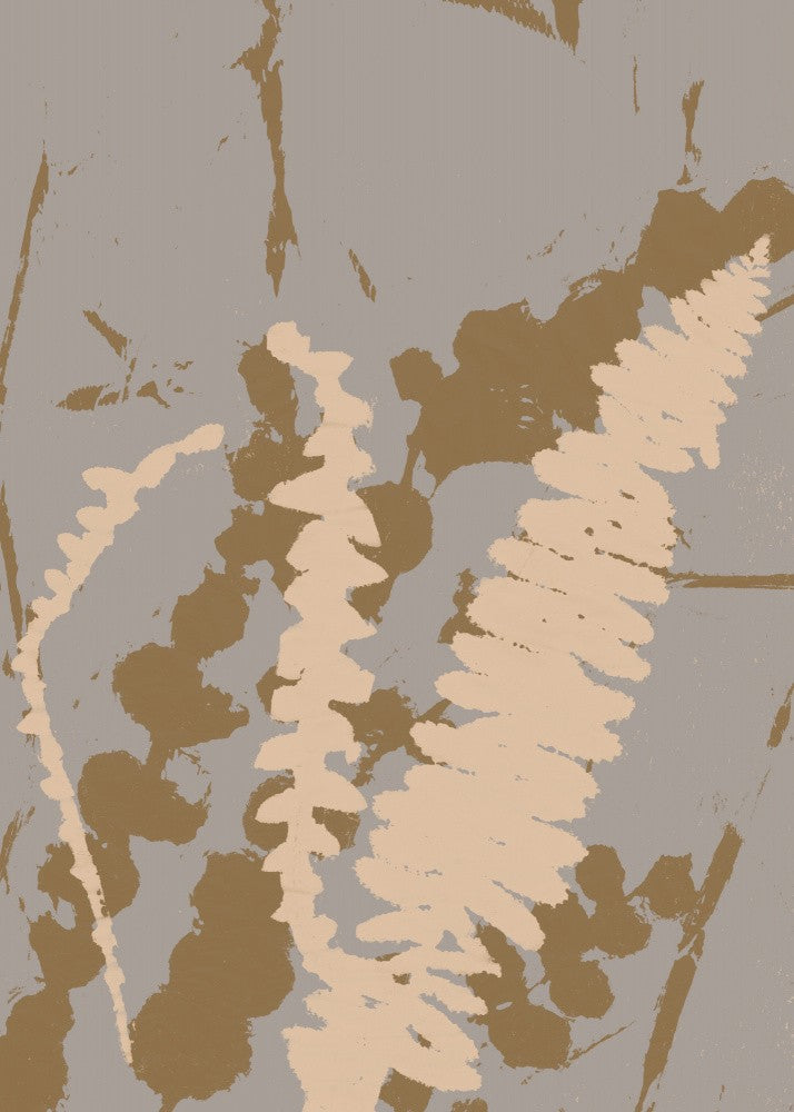 Abstract Botanical. Ferns and flowers in gold and beige on grey