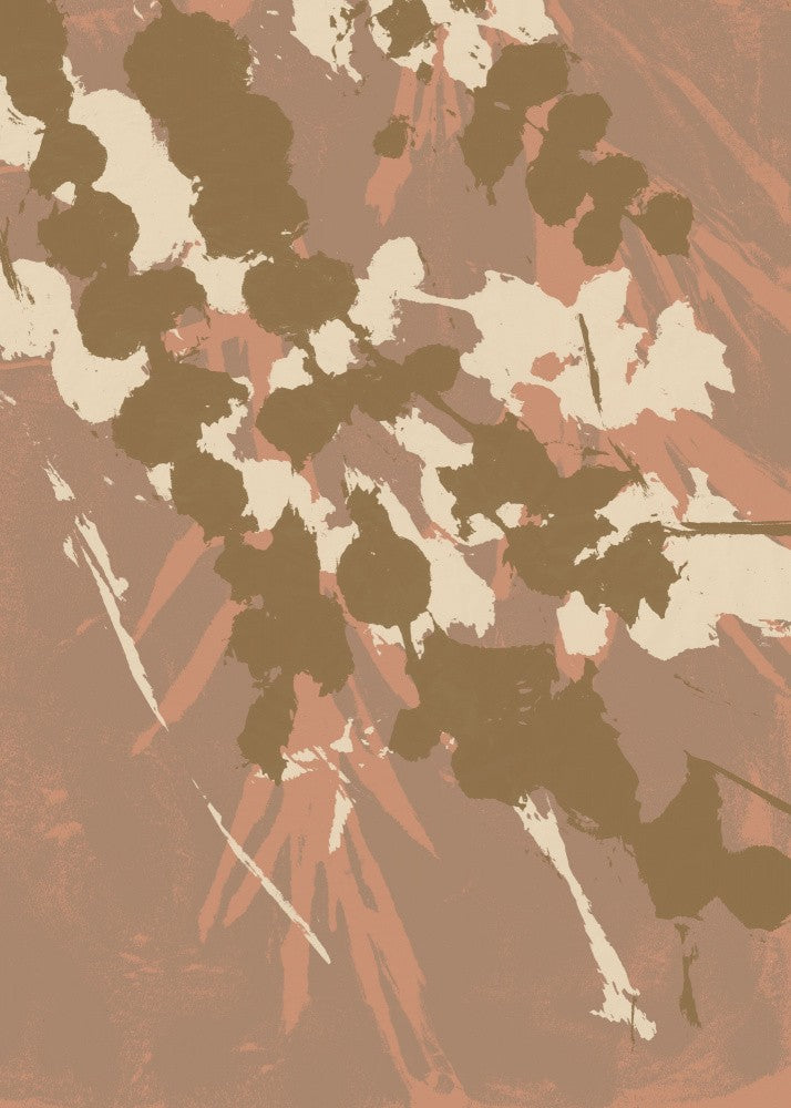 Abstract Botanical. Florals in gold, white, light terra.