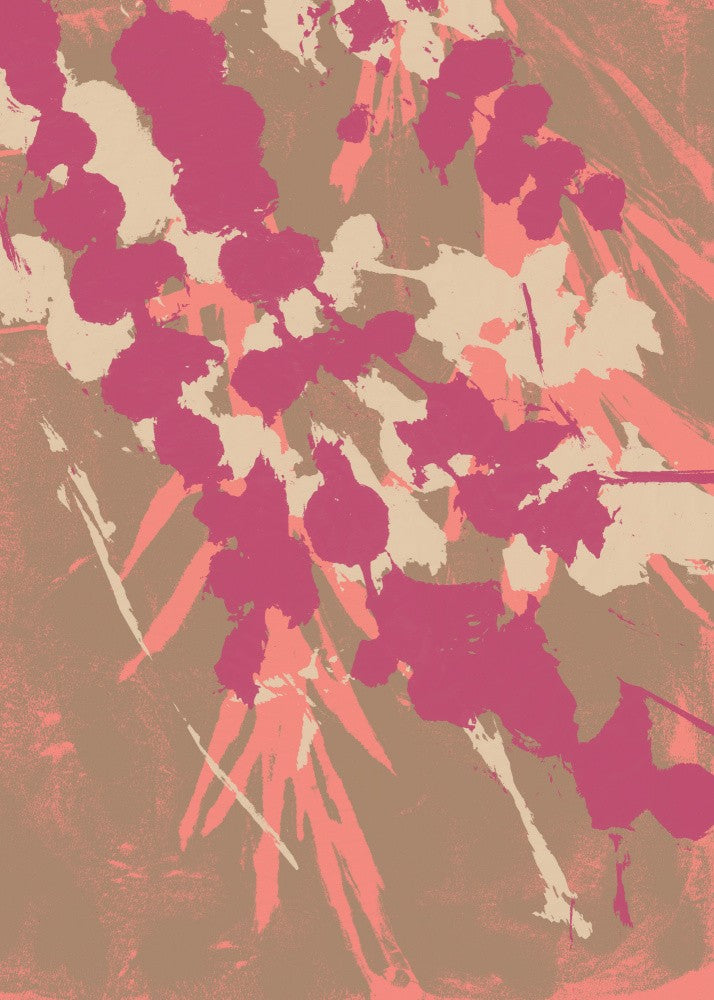 Abstract Botanical Bright Colors. Blossom in coral pink, purple white on dark gold.