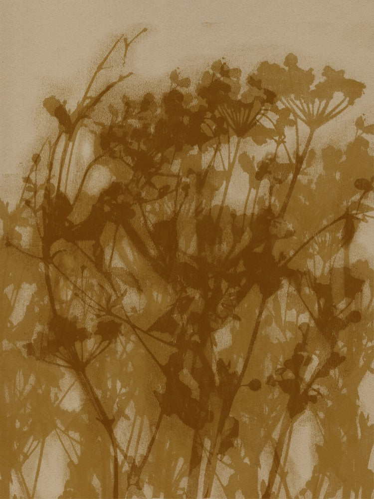 Abstrakte Blumen. Wildblumen in Ocker, Braun auf Beige.