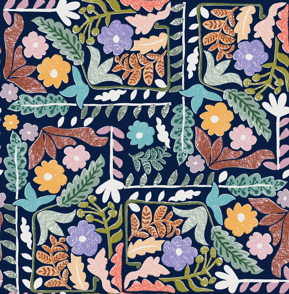 Block print geometric meadow dark blue