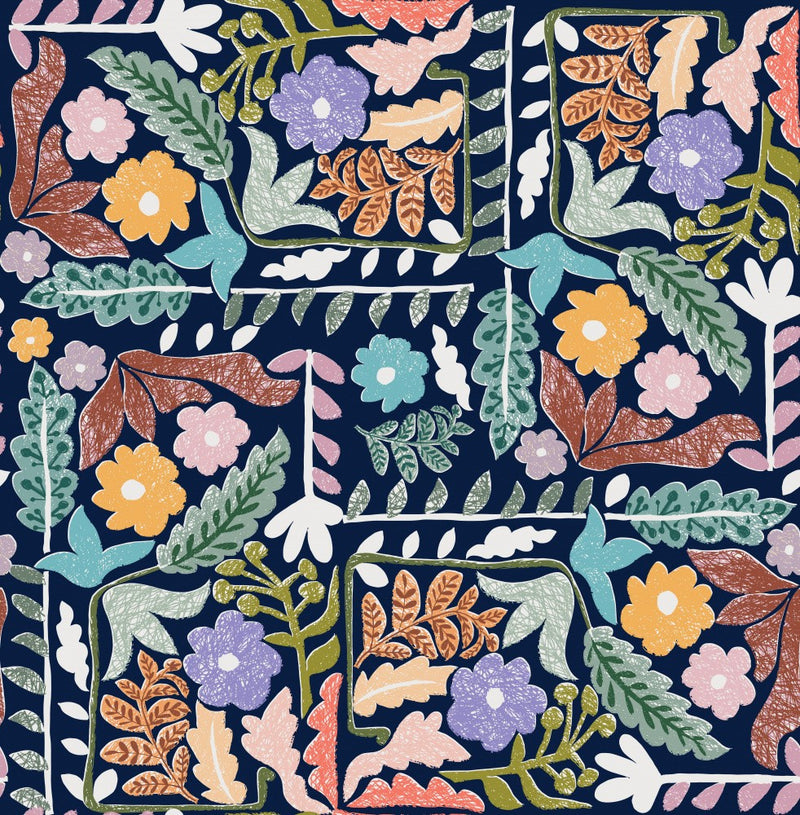 Block print geometric meadow dark blue