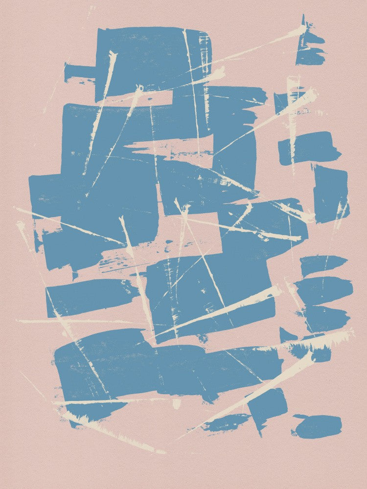 Abstract Ink Brush Strokes in blue, white on neutral beige.