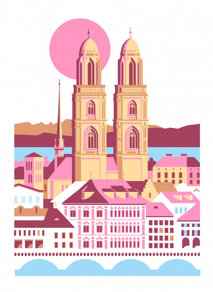 City Of Zurich Switzerland Swiss Summer Mountains City Illustration Vintage Poster