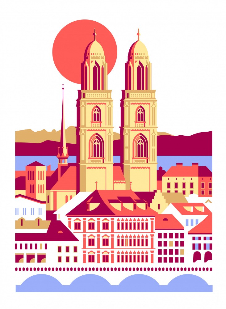 City Of Zurich Switzerland Swiss Summer Mountains City Illustration Vintage Poster